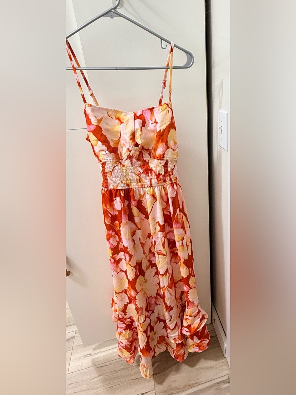 Grace Karin Orange Floral Smocked Sundress with Pink & Yellow Blooms